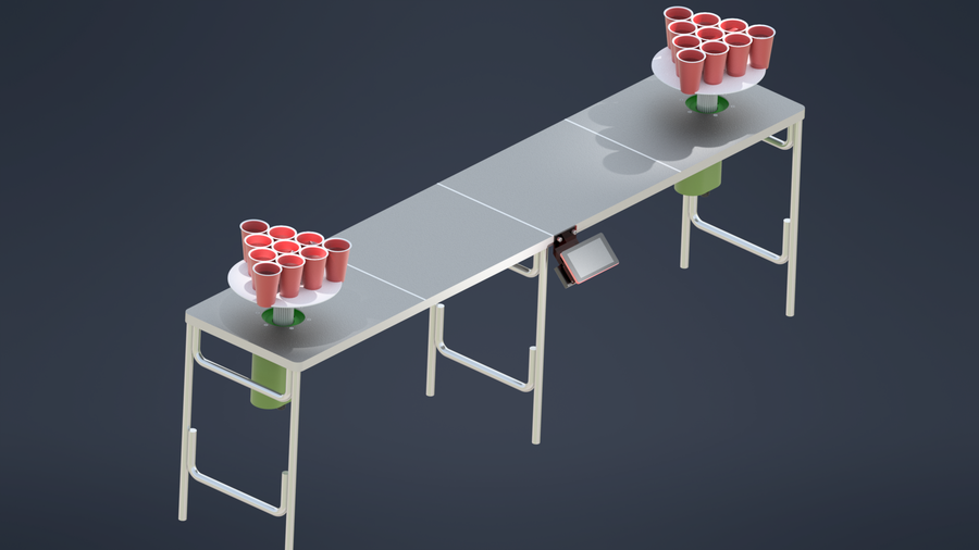 SolidWorks 3D CAD render of motorized pong game table — NIU MET Senior Design Project