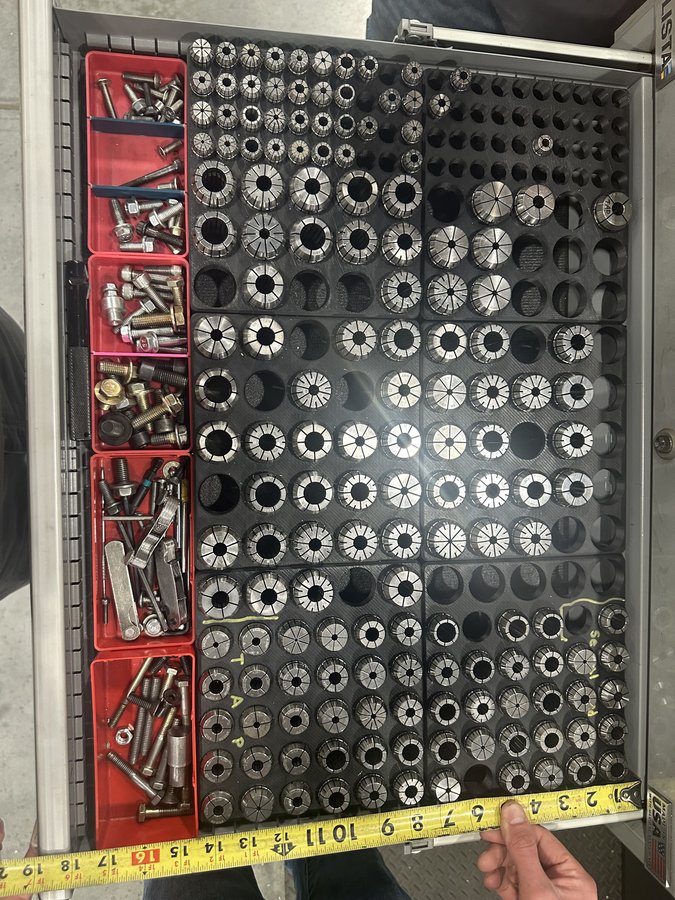 Shadow-foamed 5S tool drawer with organized ER collets, sockets, and calipers